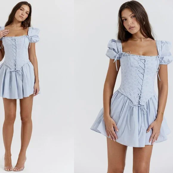 House of CB 'Maribel' Soft Blue Broderie Corset Mini Dress NWOT - Picture 6 of 9